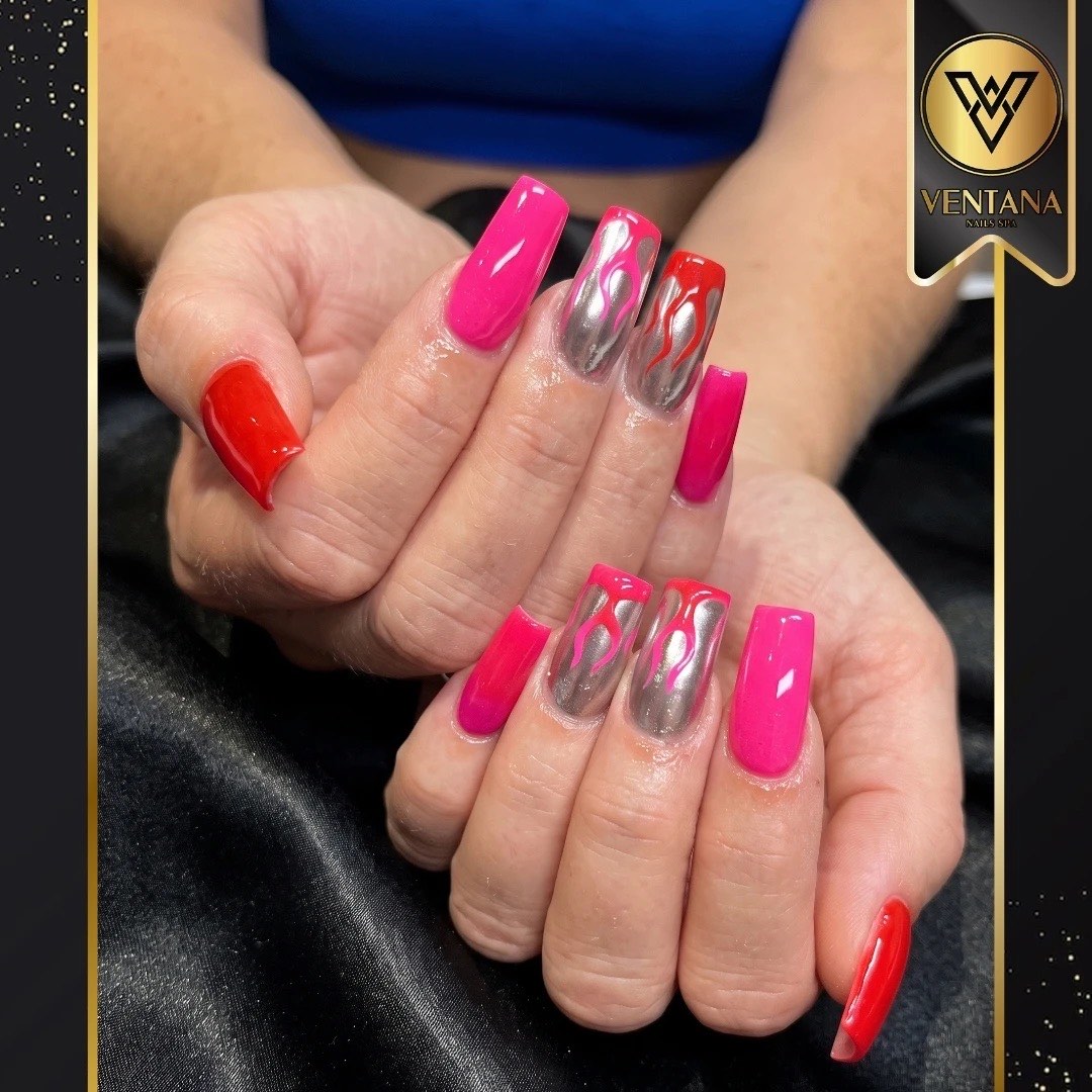 Hot pink coffin nails with mirror chrome accent nails